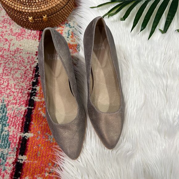 $210 Eileen Fisher Brown Block Heeled Hawk Metallic Suede Pump Heel 10 - Picture 2 of 11
